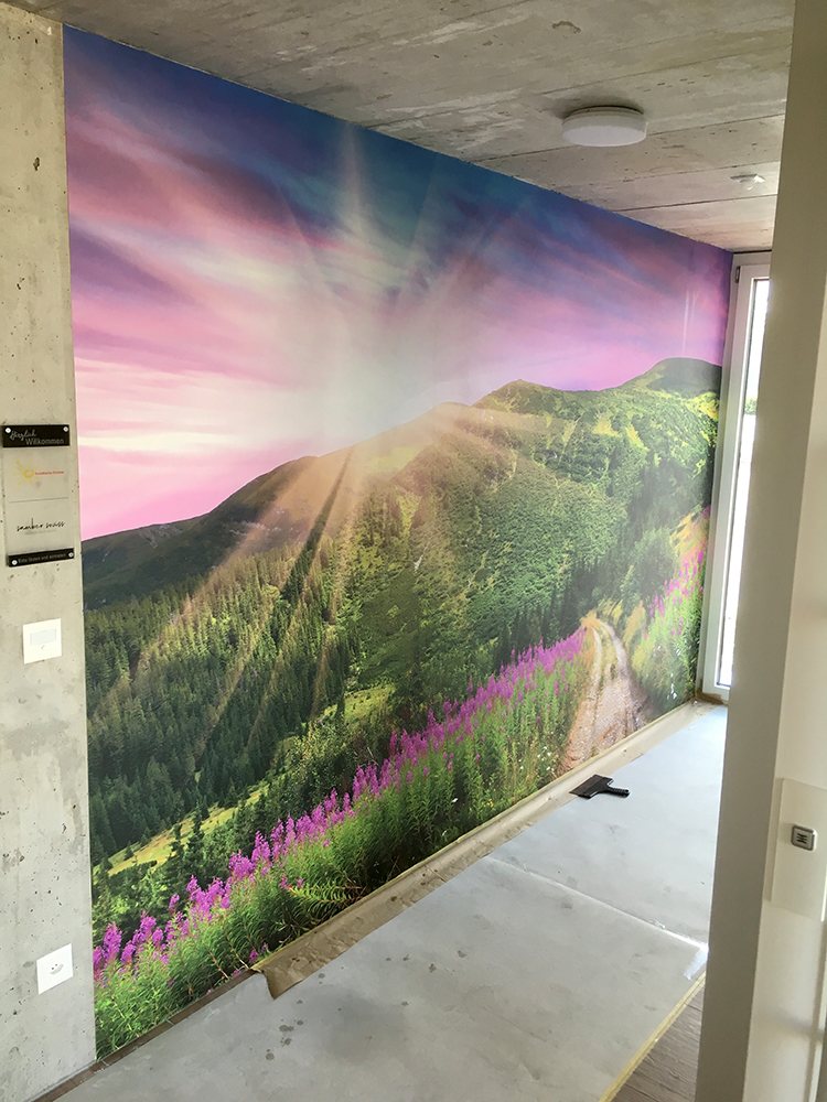 Grossflächige Fototapete mit Bergpanorama an einer Wand zwischen Sichtbetonstützen