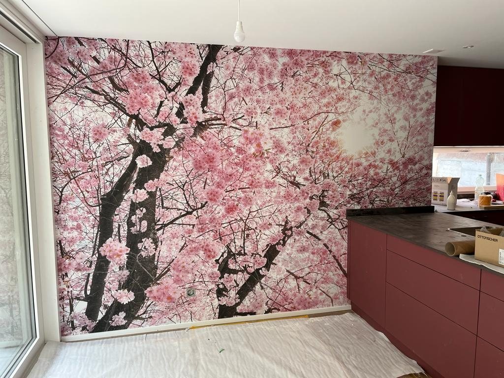 Tapezierte Wand mit grossflächigem Kirschblütenmotiv neben einer dunkelroten Küchenzeile